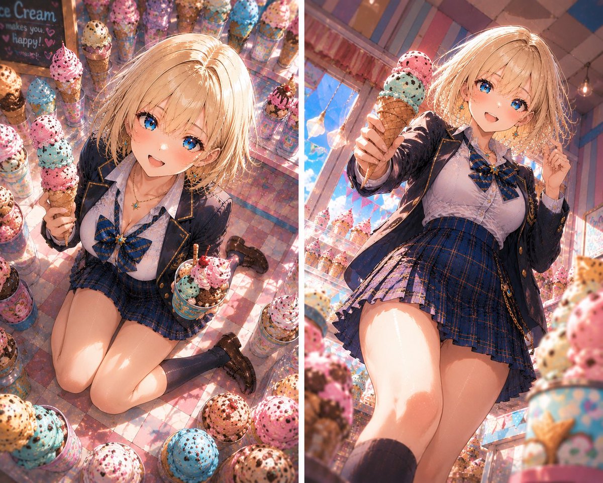 AI Prompt for Colorful Anime Illustration of Blonde Character in Ice Cream Shop