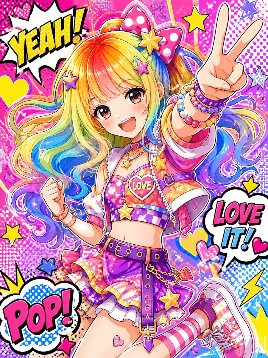 AI Prompt for Colorful Shoujo Idol Illustration with Comic-Pop Effects