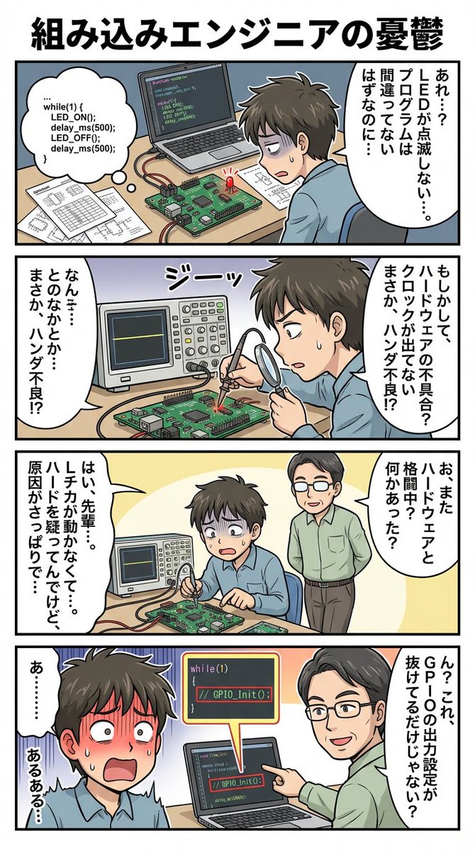 AI Prompt for Comic / Storyboard: Embedded Engineer Struggles 4-Panel Manga
