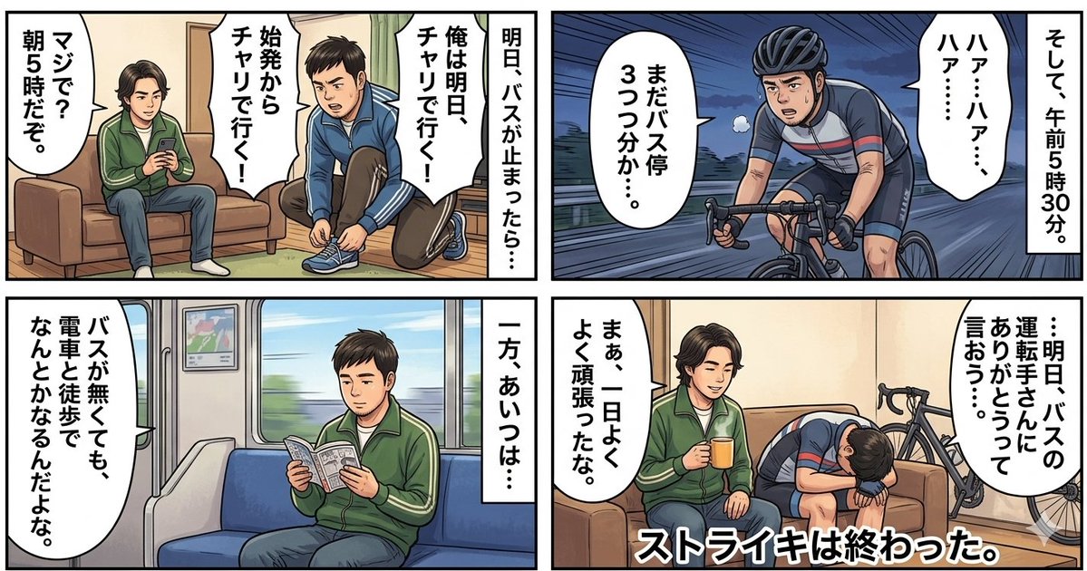 AI Prompt for Comic Strip Generation: Bus Strike and Reiwa Roman
