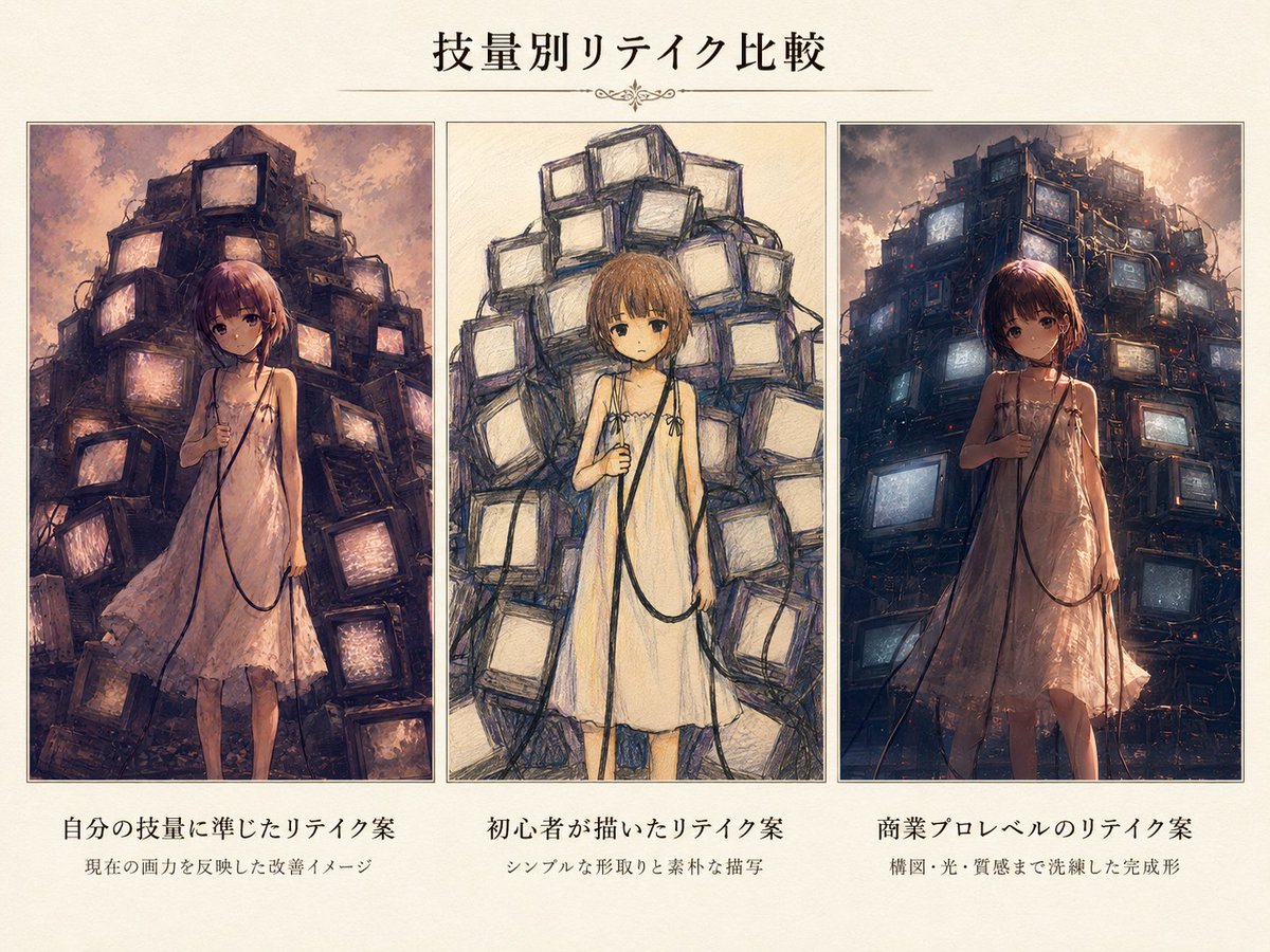 AI Prompt for Comparing Anime Illustration Retakes - Beginner, Self-Matched, and Professional
