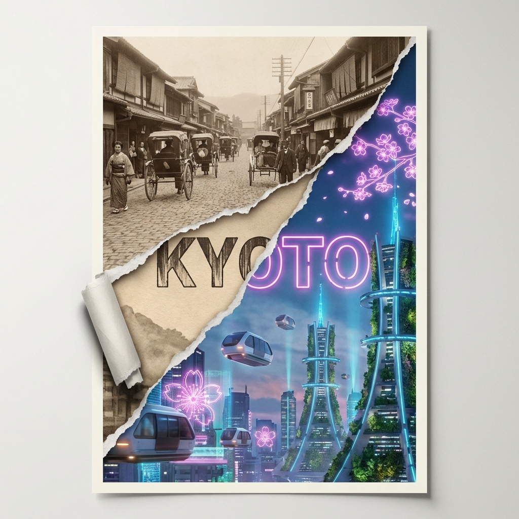 AI Prompt for Contrasting Kyoto Cityscapes Posters