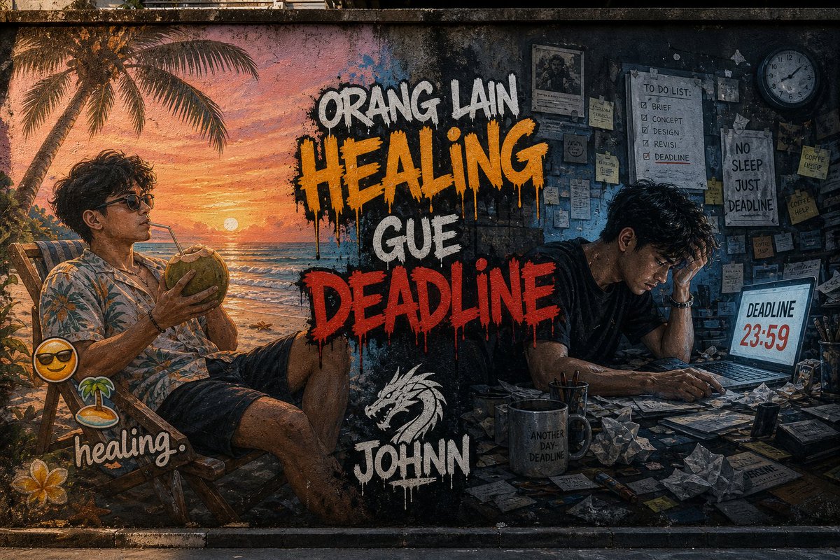 AI Prompt for Contrasting Street Art Mural with Tropical Beach Scene and Workspace