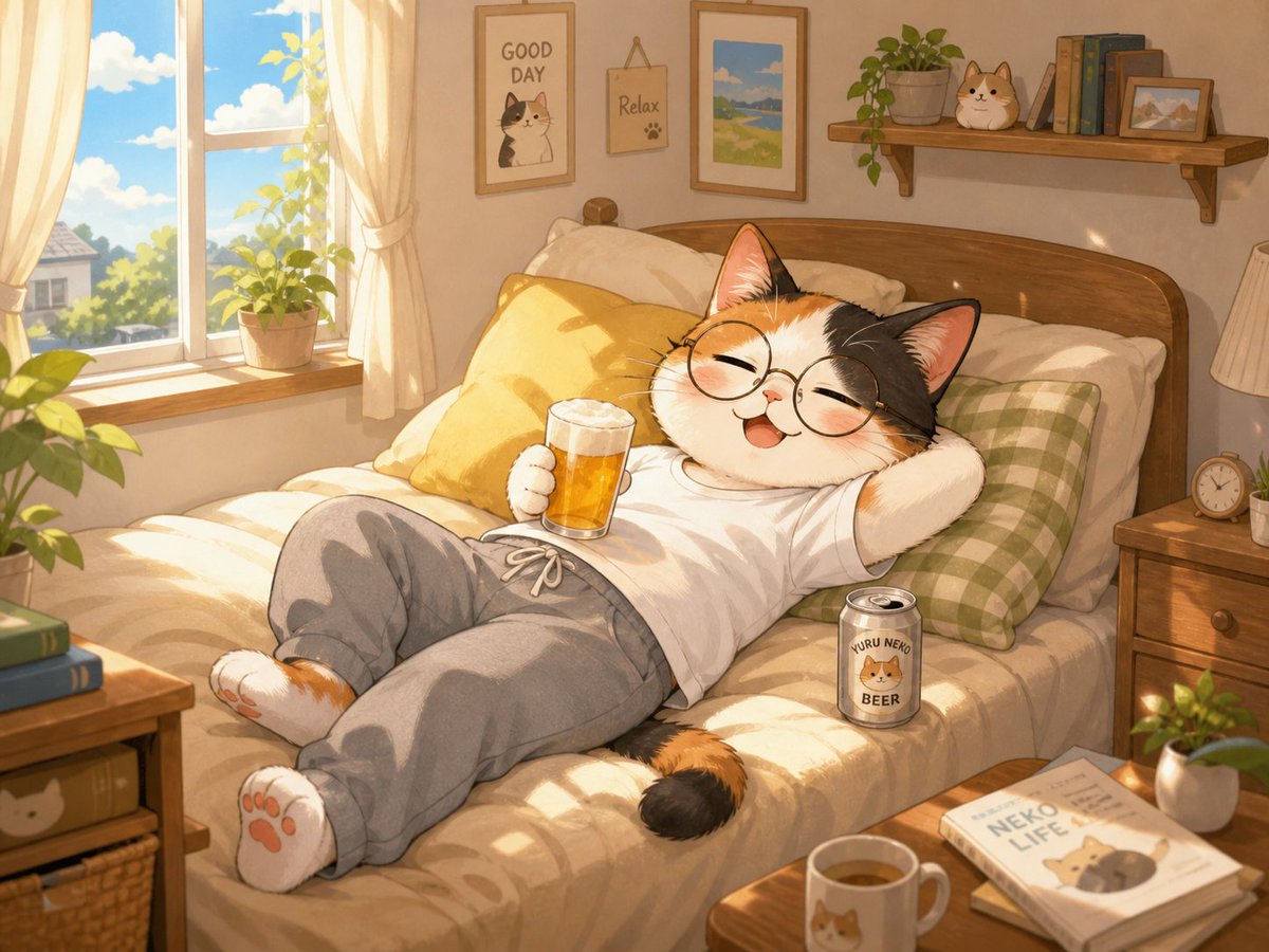 AI Prompt for Cozy Anime Illustration: Calico Cat in Sunny Bedroom