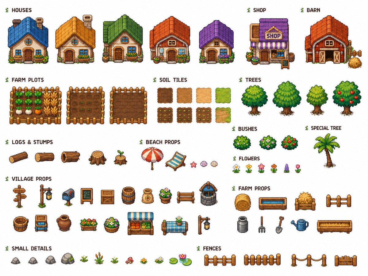 AI Prompt for Cozy Farming Village Pixel Art Tileset