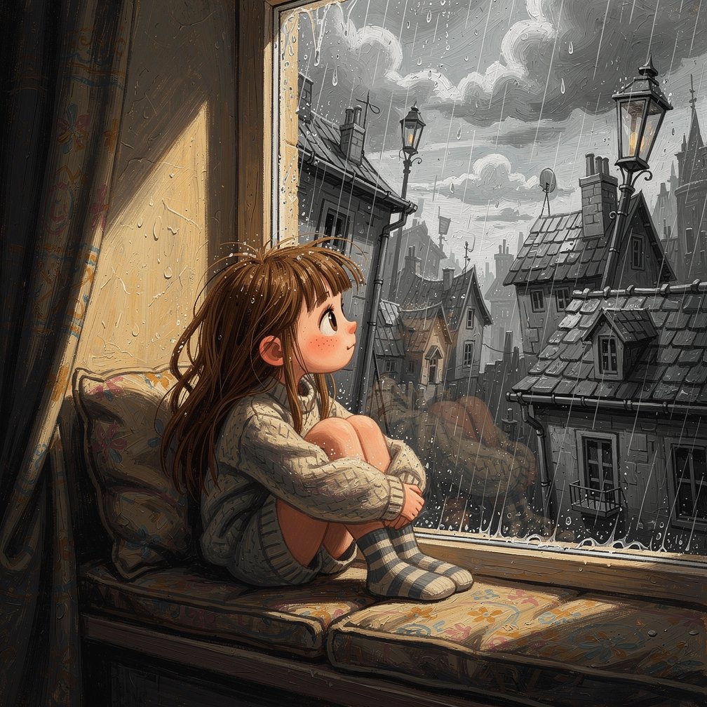 AI Prompt for Cozy Rainy City Scene with Child