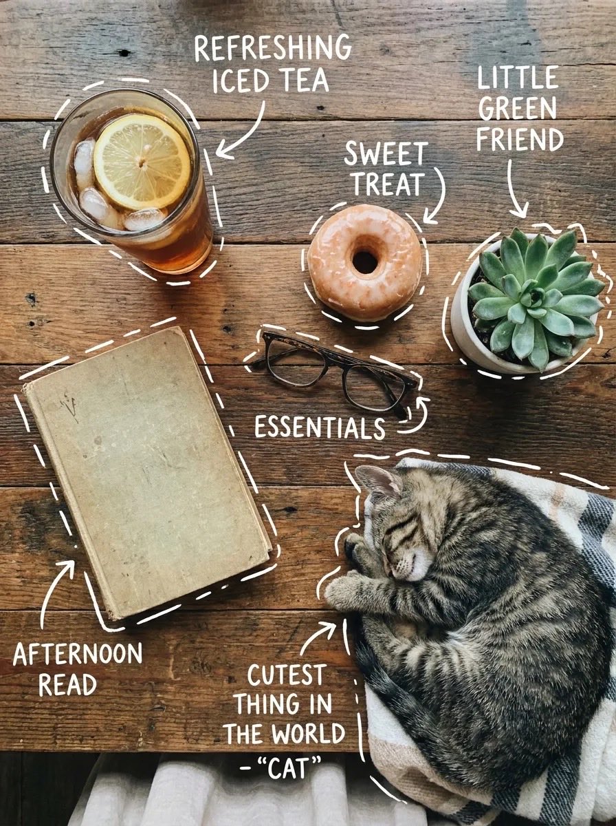 AI Prompt for Cozy Tabletop Flat Lay with Doodles - Instant Social Media Graphics