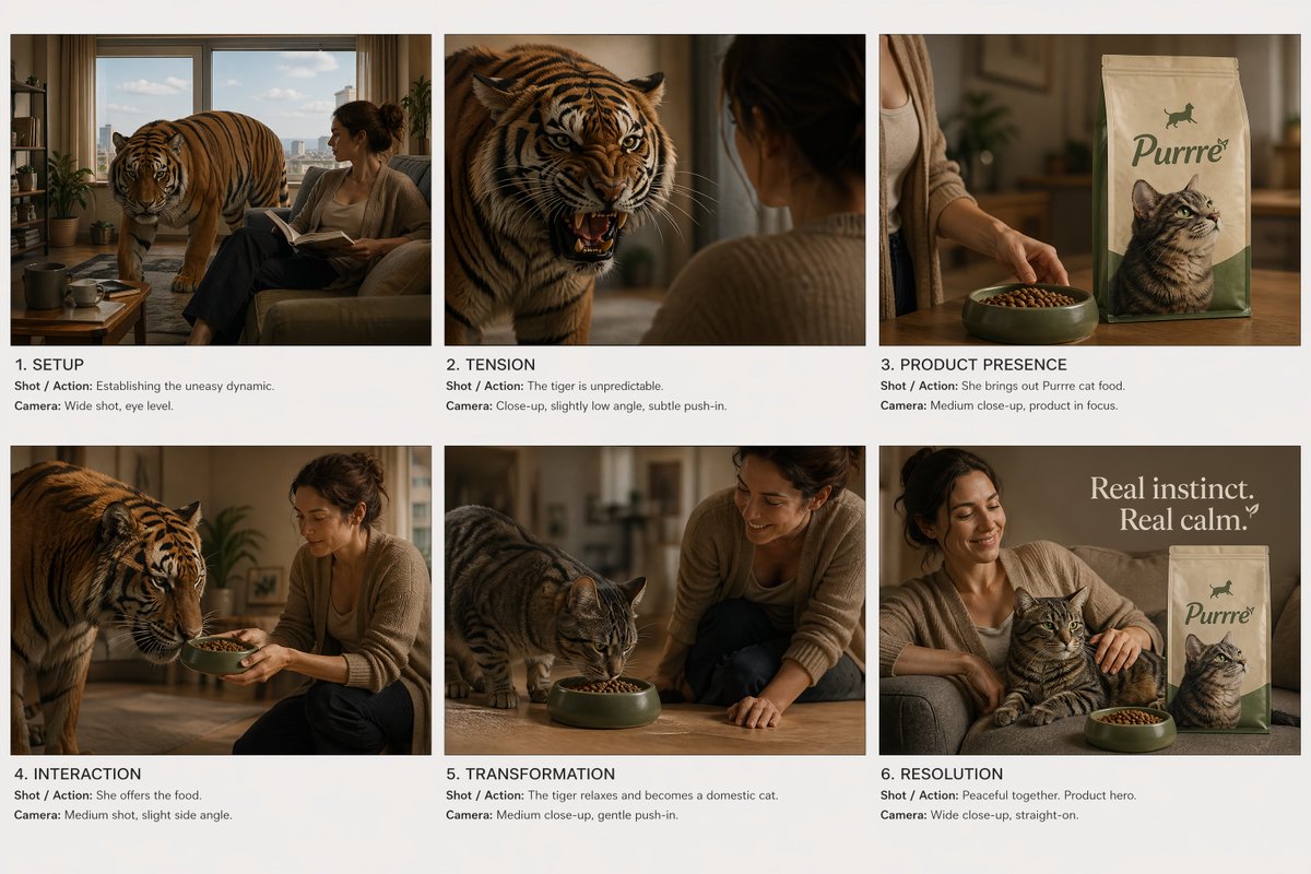 AI Prompt for Creating a 6-Panel Commercial Storyboard with Consistent Characters and Narrative Progression