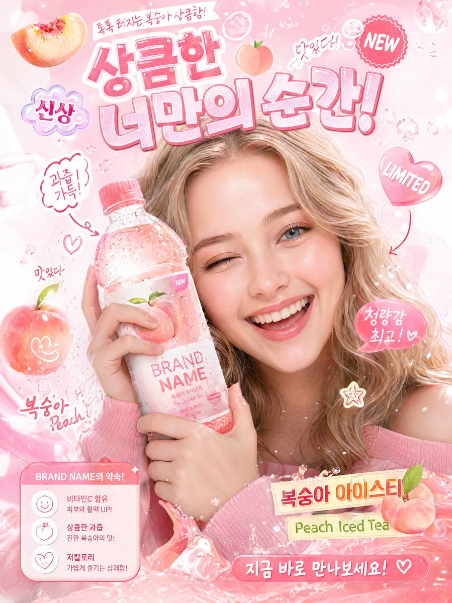 AI Prompt for Creating a Colorful Korean-Inspired Beverage Poster with Stickers and Dynamic Product Visuals