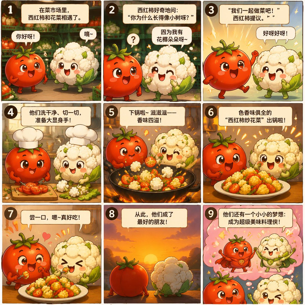 AI Prompt for Creating a Cute Nine-Panel Chibi Anime Comic with Tomato and Cauliflower Characters