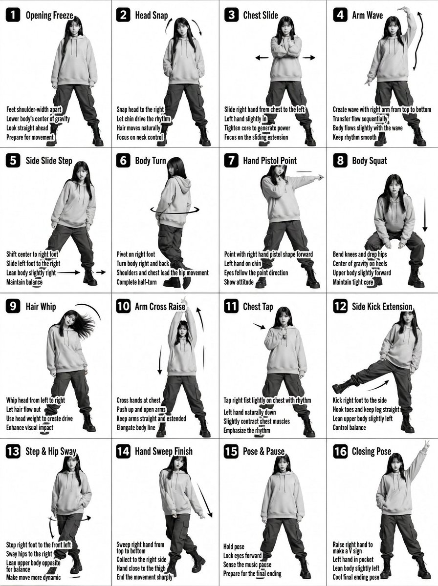 AI Prompt for Creating High-Fashion K-Pop Dance Tutorial Posters with Neon Accents