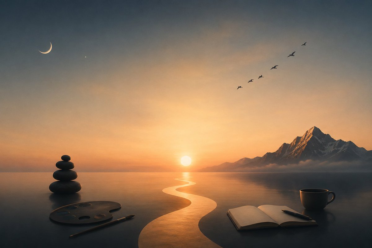 AI Prompt for Creative Workspace with Minimalist Sunset Landscape