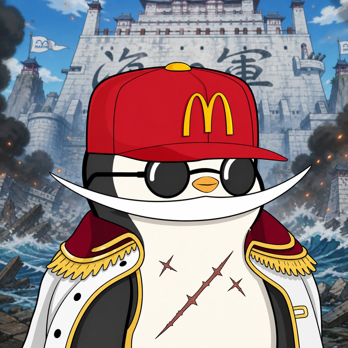 AI Prompt for Crossover Anime Style Illustration of Penguin Admiral in Epic Battle