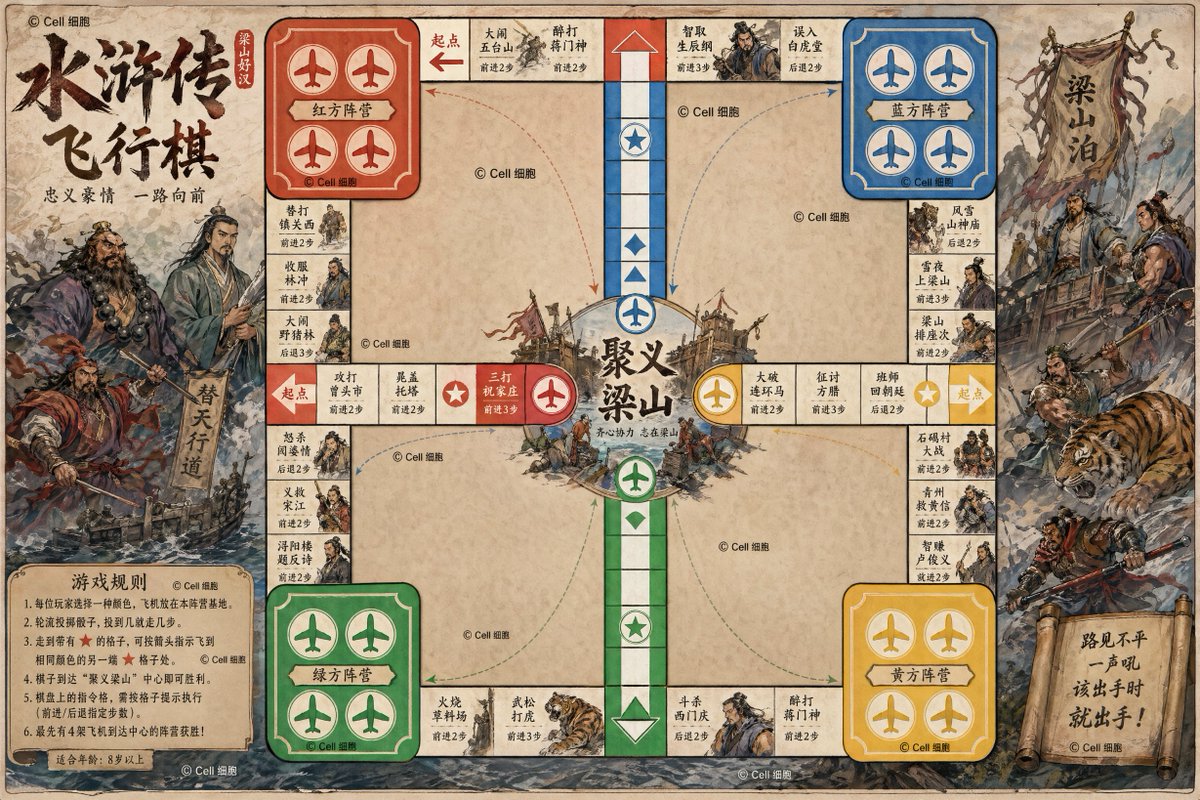 AI Prompt for Custom Water Margin Themed Flying Chess Board Design