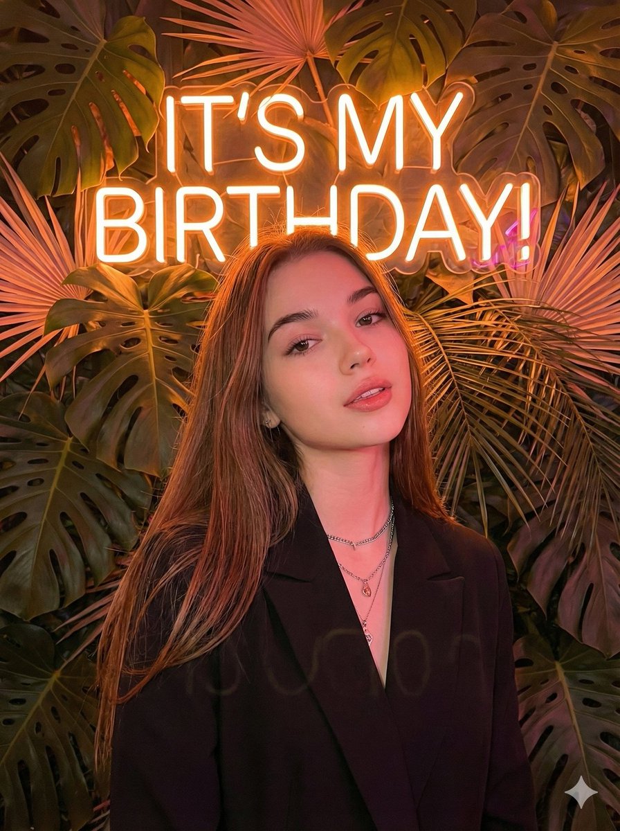 AI Prompt for Customizable Birthday Celebration Poster with Neon Lights and Tropical Background