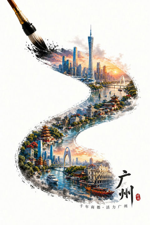 AI Prompt for Customizable Guangzhou Cityscape with Chinese-Inspired Ink Brush Style