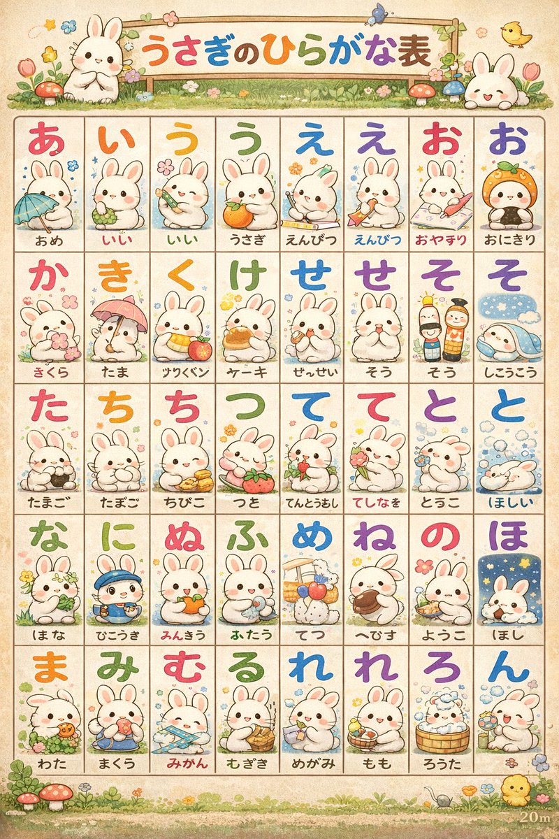 AI Prompt for Customizable Hiragana Poster with Cute Bunny Illustrations