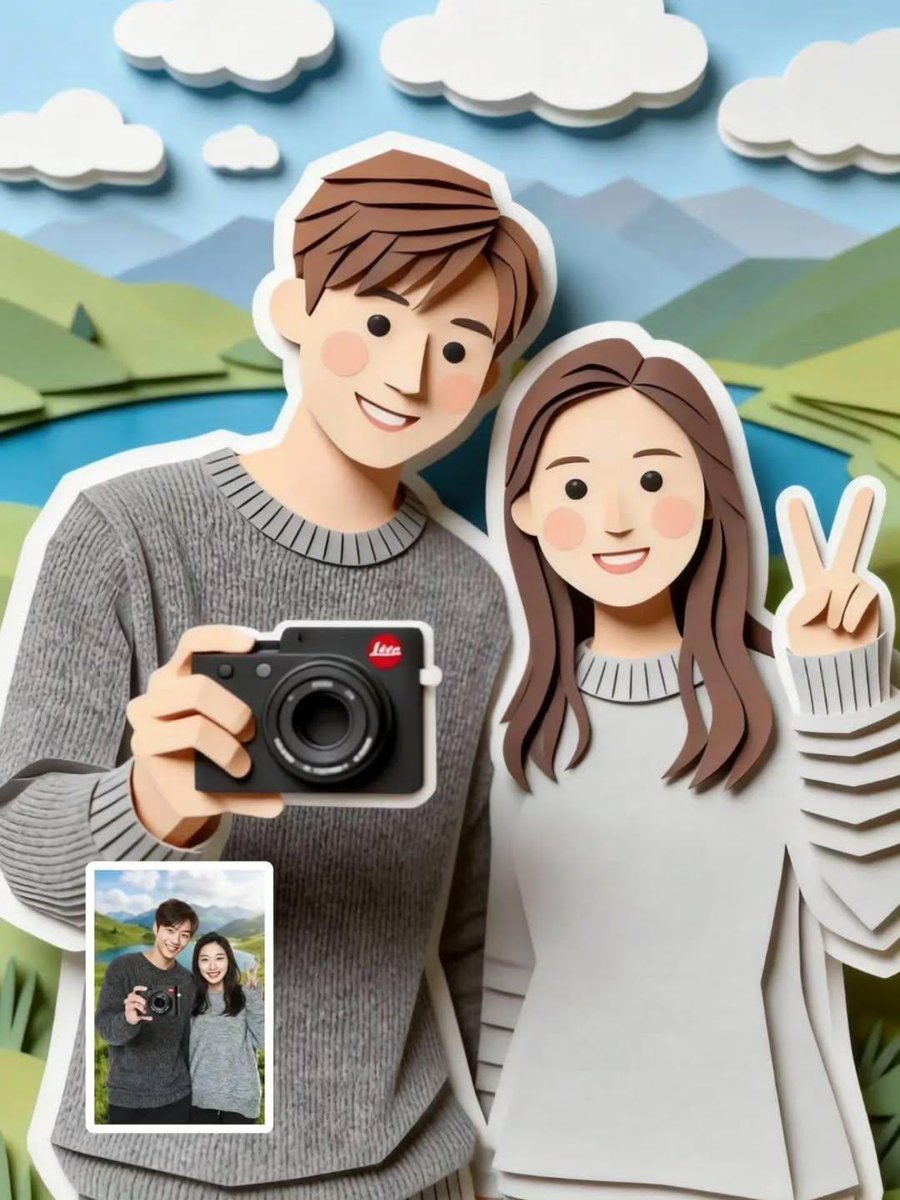 AI Prompt for Cute Paper-Cut Style Couple Selfie with Soft Pastel Colors and 3D Paper Craft Effects