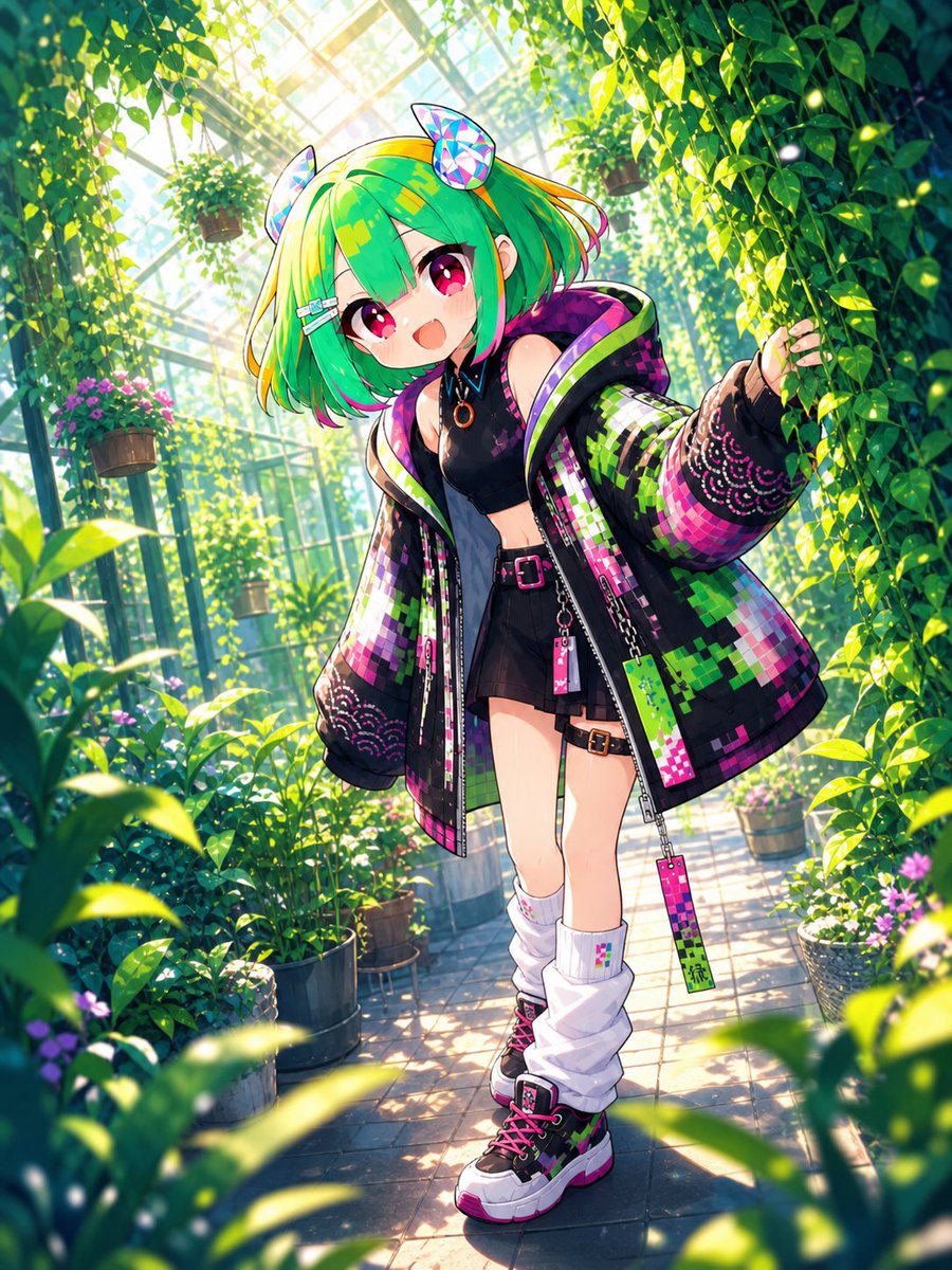 AI Prompt for Cyber Streetwear Anime Girl in a Lush Greenhouse