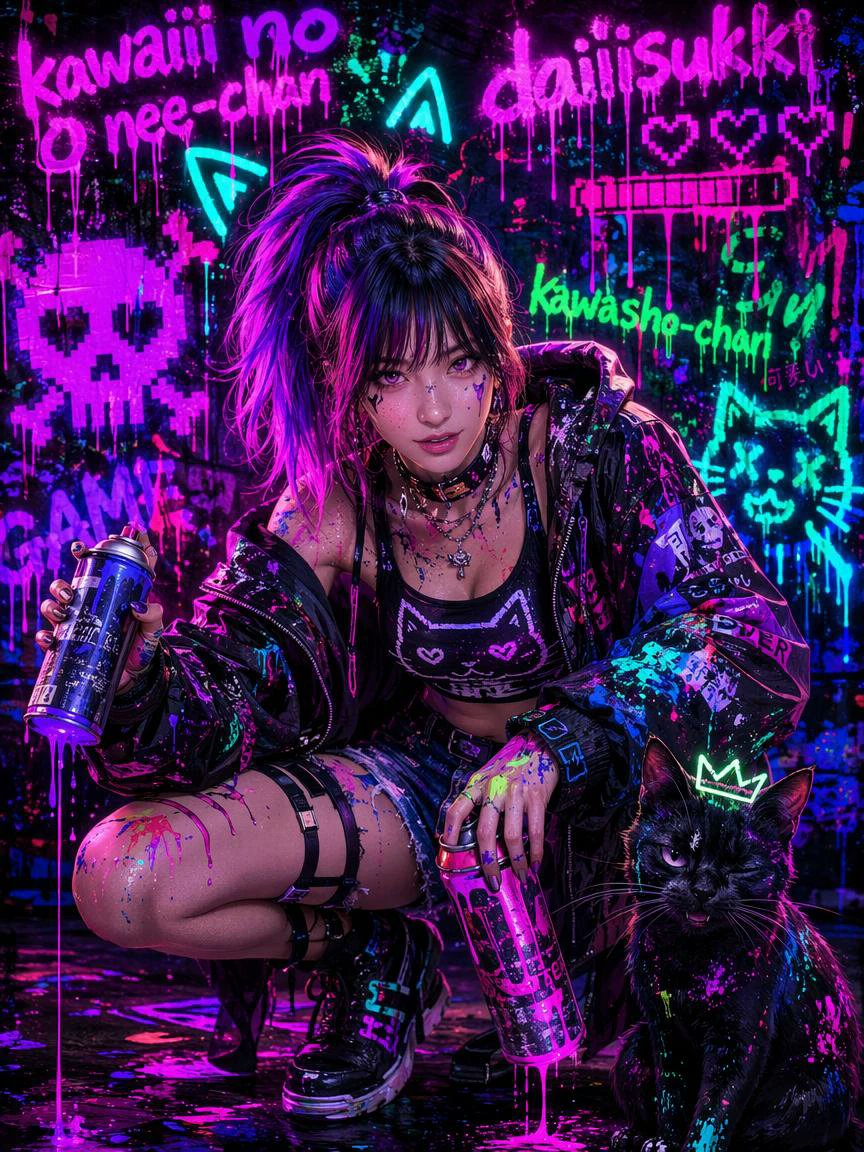 AI Prompt for Cyberpunk Graffiti Girl Portrait with Cat
