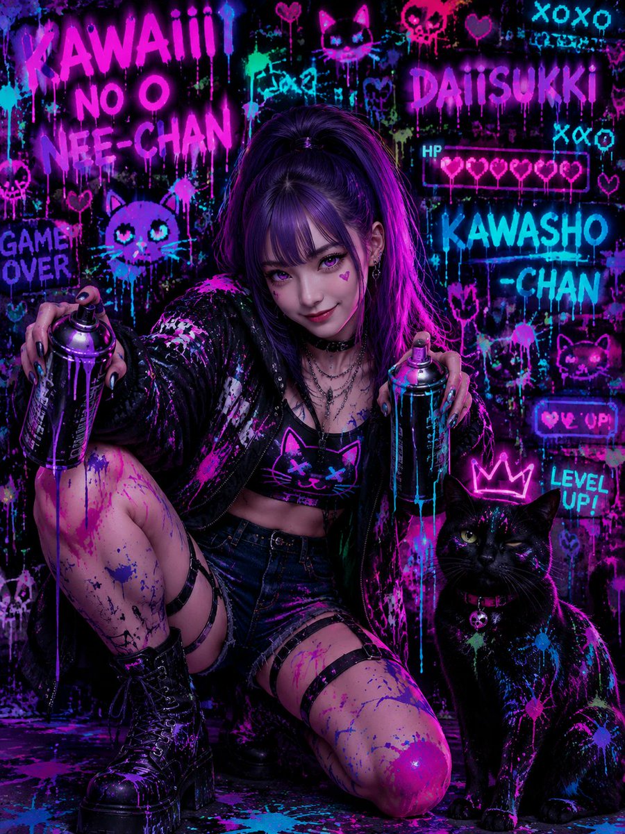 AI Prompt for Cyberpunk Kawaii Graffiti Portrait with Black Cat