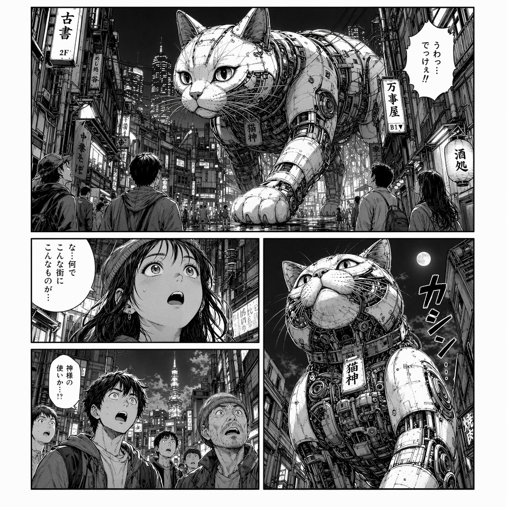 AI Prompt for Cyberpunk Manga Concept Art: Giant Robot Cat in a Japanese City