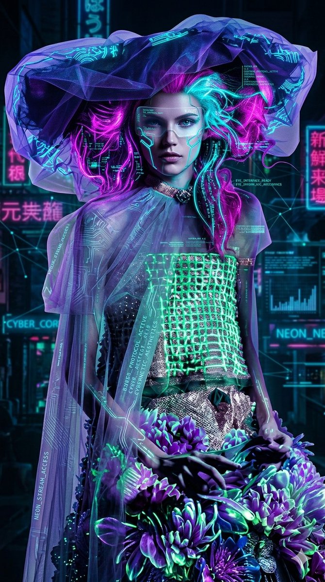 AI Prompt for Cyberpunk Neon Portrait with Floral Details