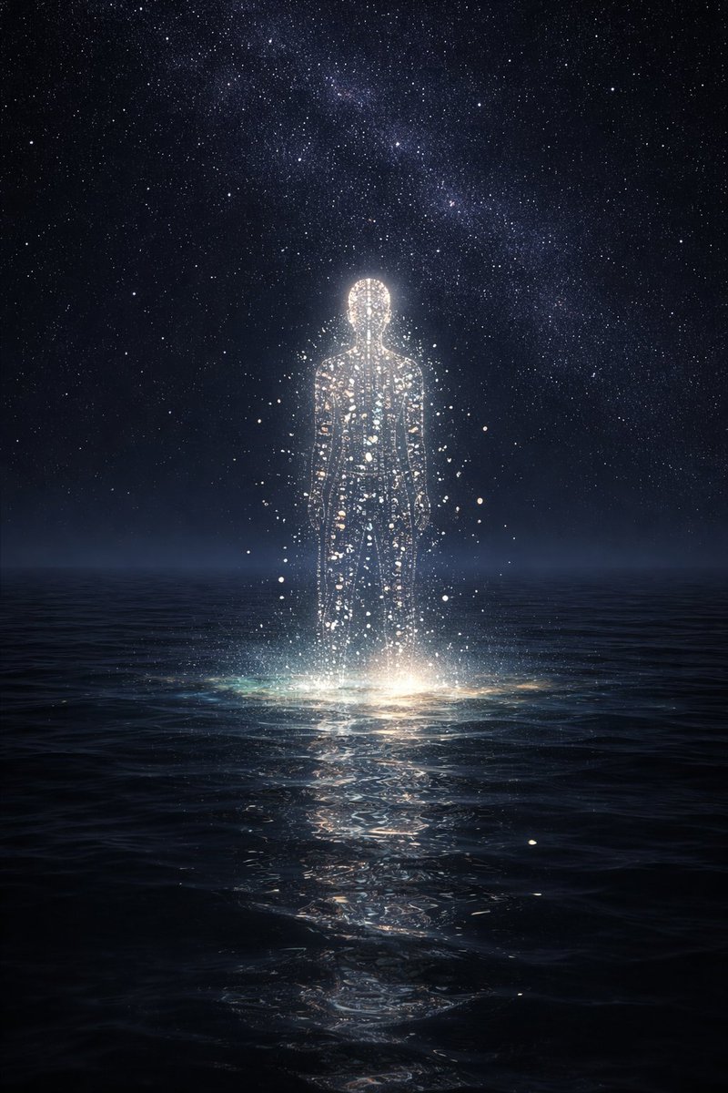 AI Prompt for Cyberpunk Science Fiction Figure with Glowing Text on Dark Ocean
