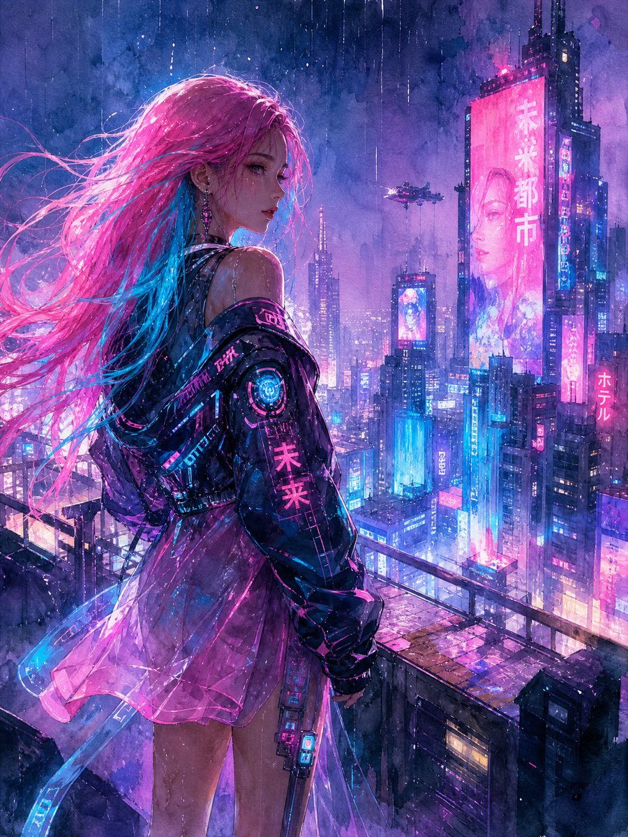 AI Prompt for Cyberpunk Watercolor Cityscape Woman