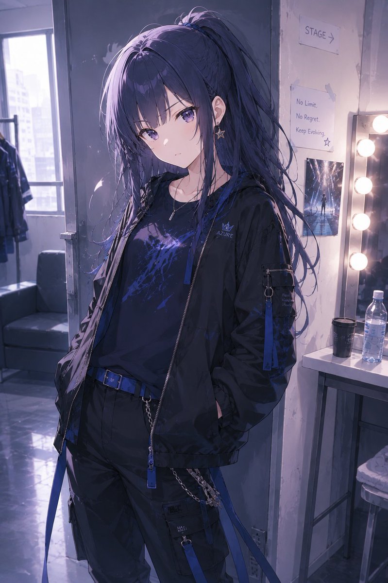 AI Prompt for Dark Anime Techwear Idol Backstage Illustration