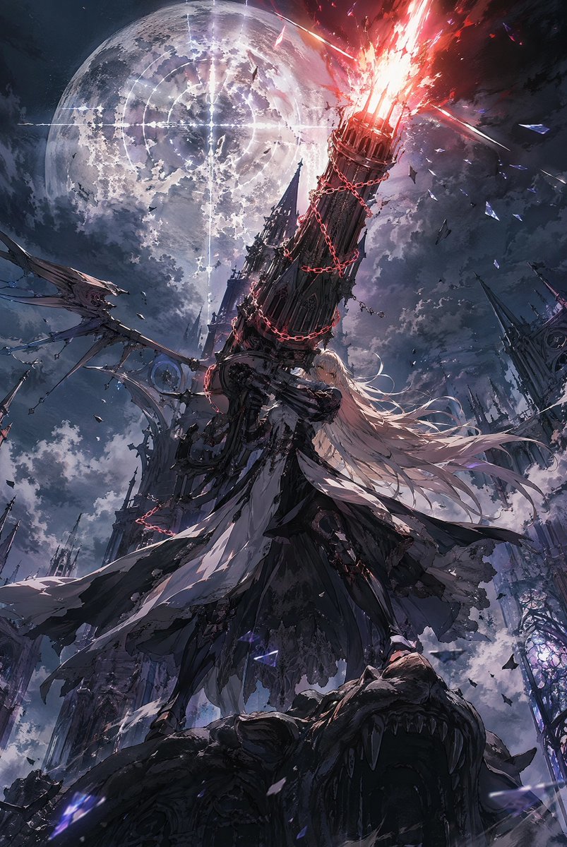 AI Prompt for Dark Fantasy Anime Key Visual with Gothic Architecture and Blazing Cannon