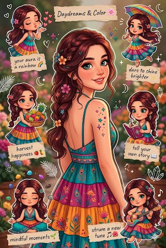 AI Prompt for Designing Colorful Bohemian Sticker Sheets with Chibi Characters