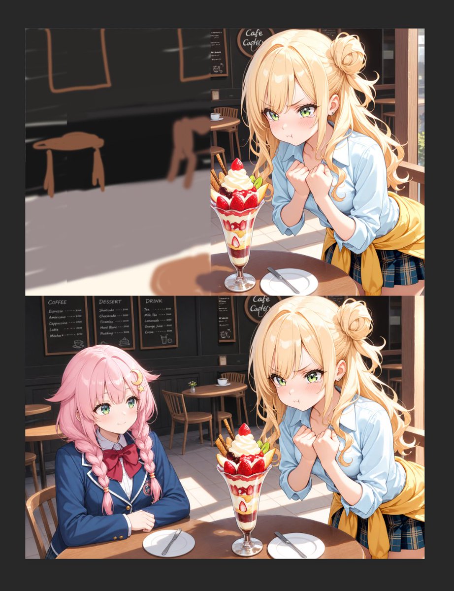 AI Prompt for Detailed Anime Cafe Two-Panel Design: Rough Sketch to Finished Scene