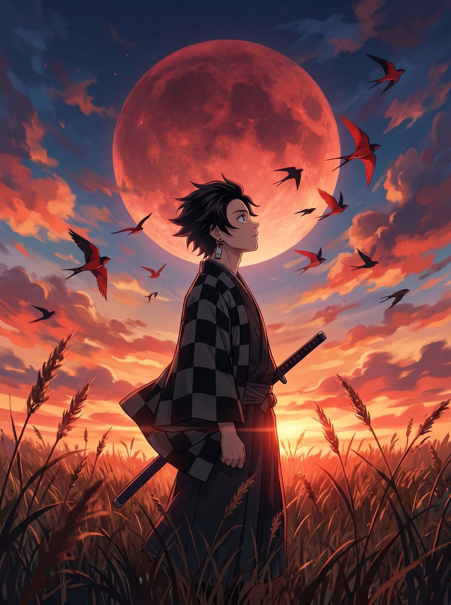 AI Prompt for Detailed Anime Warrior in Crimson Sunset Landscape