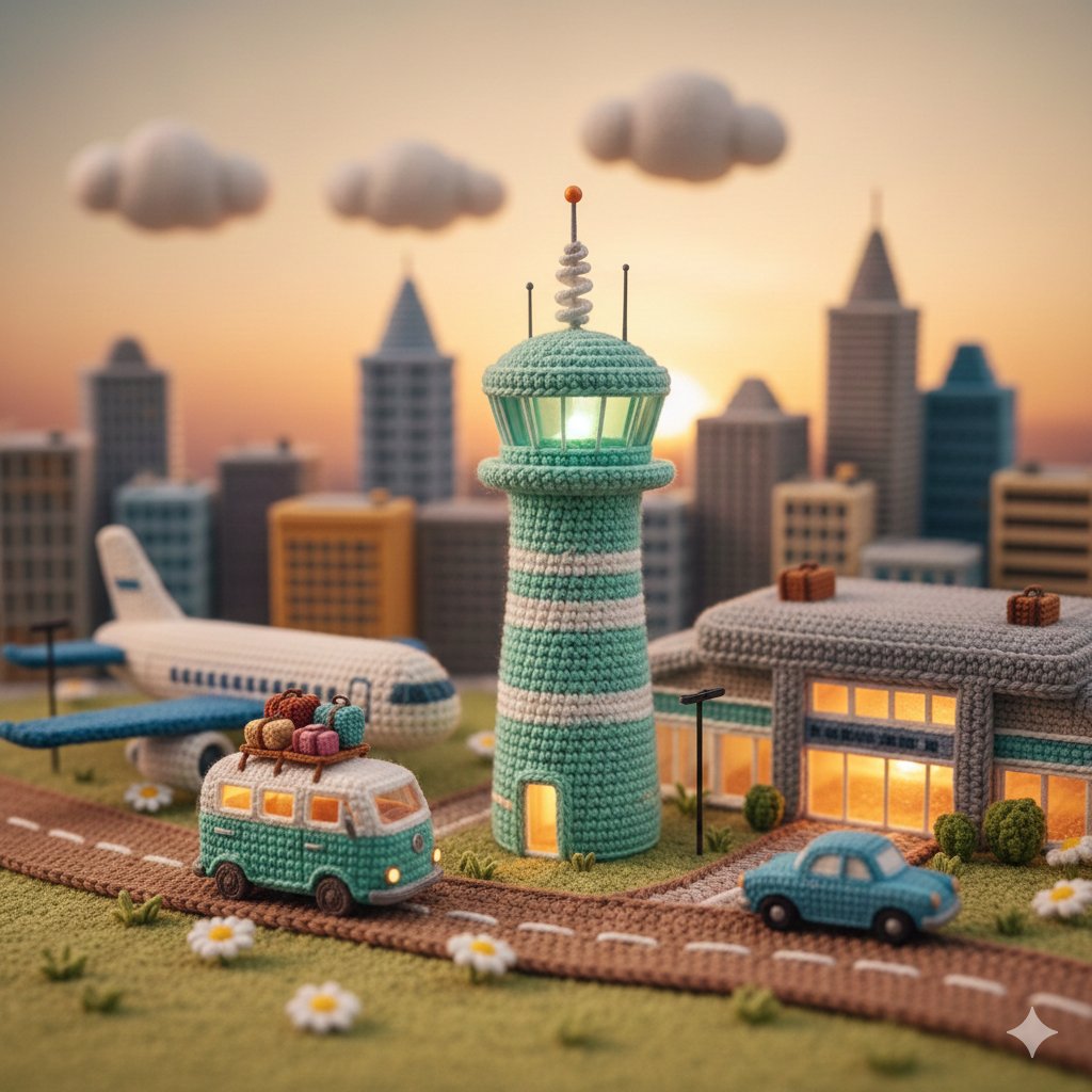 AI Prompt for Detailed Crocheted Miniature Airport Diorama with Vehicles and City Skyline