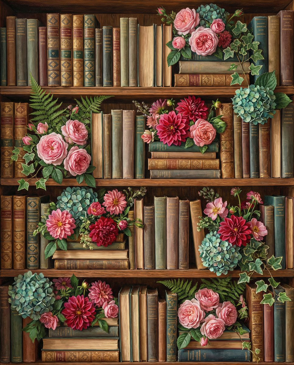 AI Prompt for Detailed Overhead Bookshelf Scene with Floral Arrangements