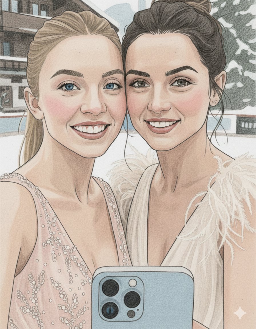 AI Prompt for Digital Pencil Sketch of Sydney Sweeney and Ana de Armas Taking a Snowy Winter Selfie