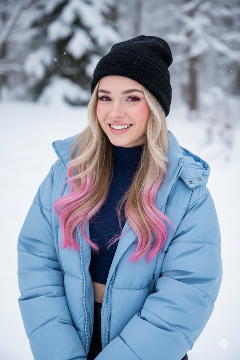 AI Prompt for Digital Portrait of a Girl with Pink-Tipped Hair in Winter