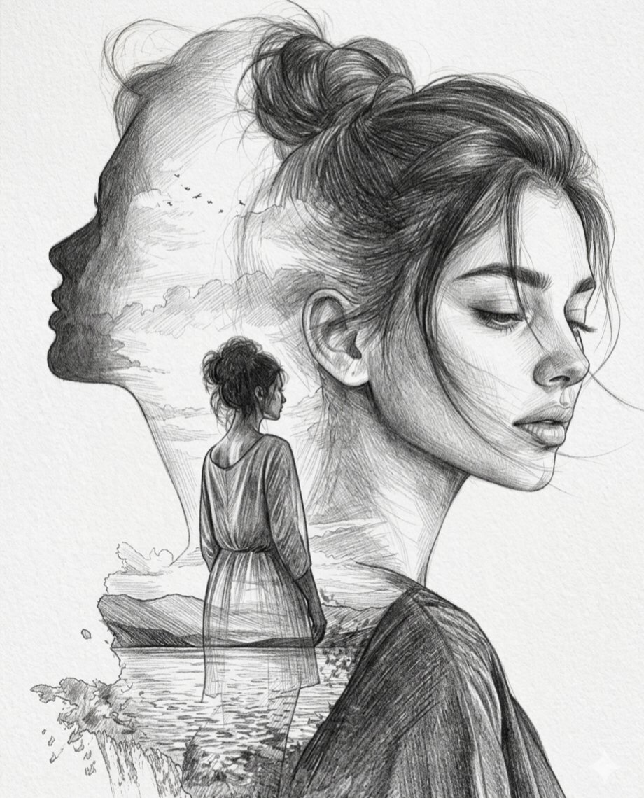 AI Prompt for Double Exposure Pencil Sketch Portrait with Female and Landscape