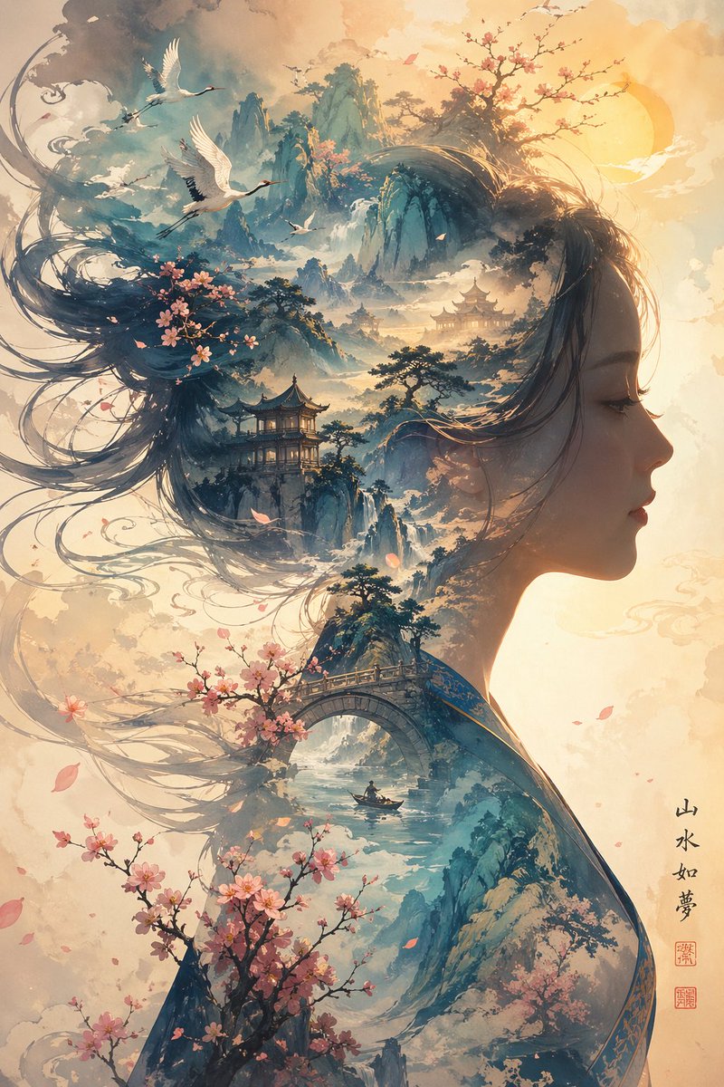 AI Prompt for Dreamlike Shanshui Lady Silhouette in Traditional Chinese Style