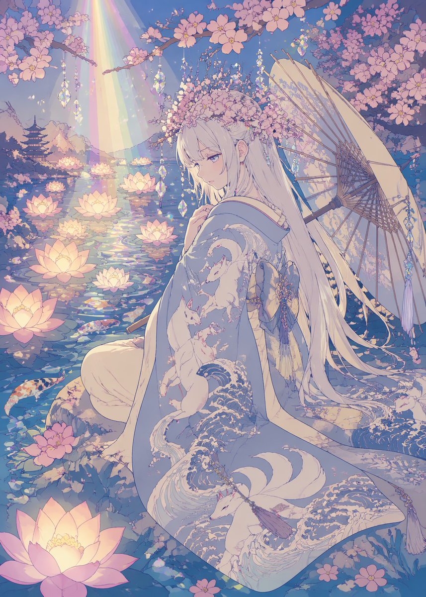 AI Prompt for Dreamy Anime Illustration of Kimono Girl by Lotus Pond
