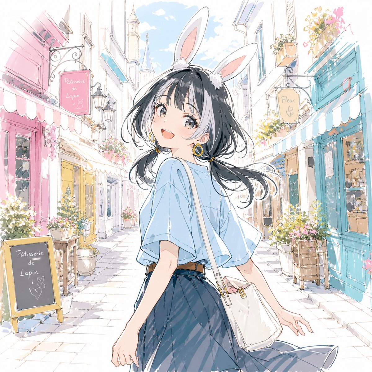 AI Prompt for Dreamy Anime Watercolor Scene with Bunny Girl in Pastel European Shopping Street