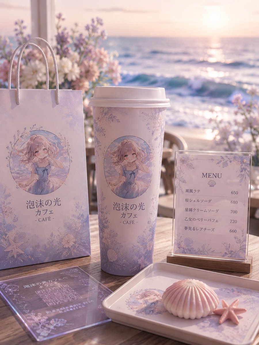 AI Prompt for Dreamy Beach Anime Cafe Merchandise Mockup