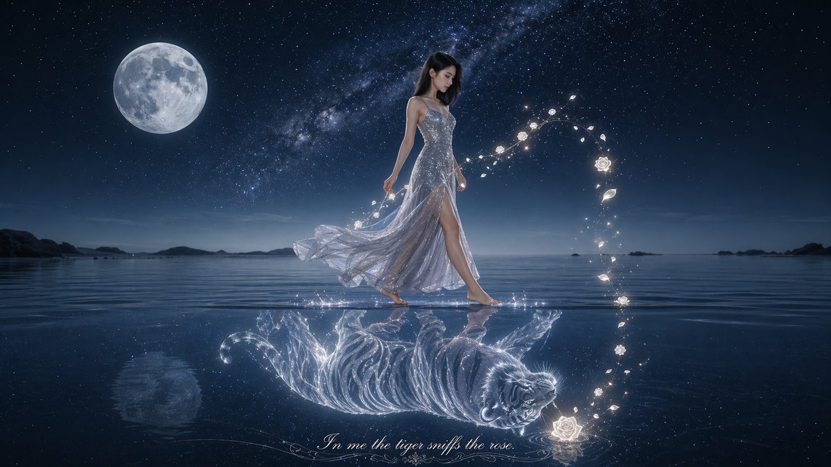 AI Prompt for Dreamy, Cinematic Fantasy Portrait with Tiger Reflection and Magical Light
