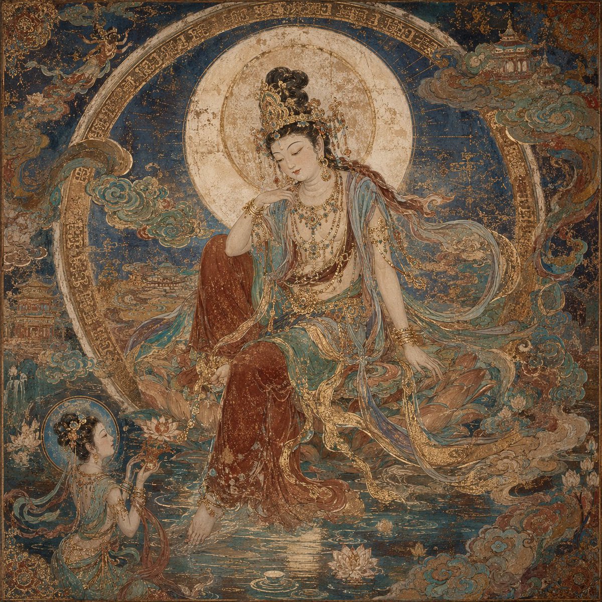 AI Prompt for Dunhuang Mural Water Moon Guanyin Art - Golden Guanyin in Dunhuang Style