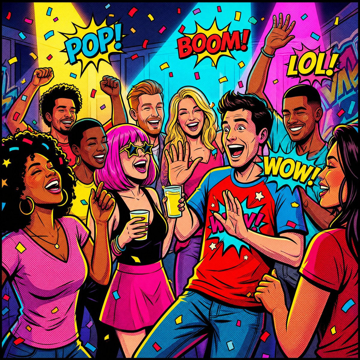 AI Prompt for Dynamic Pop Art Comic Book Party Scene