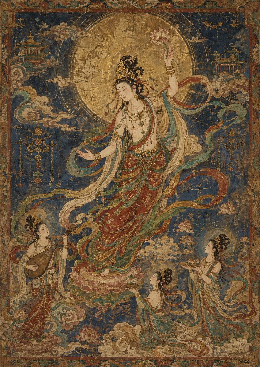 AI Prompt for East Asian-Inspired Celestial Goddess Mural in Blue and Gold