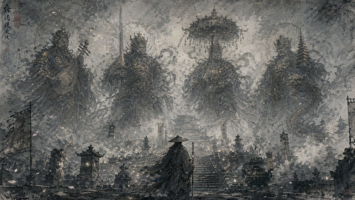 AI Prompt for Eastern-Style Illustrations with Translucent Silhouettes and Misty Atmospheres