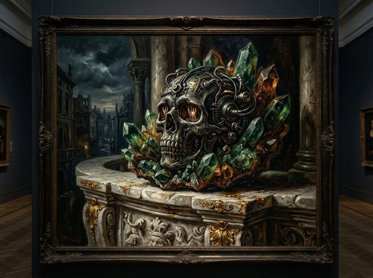 AI Prompt for Eerie Biomechanical Skull Art in Oil Painting Style
