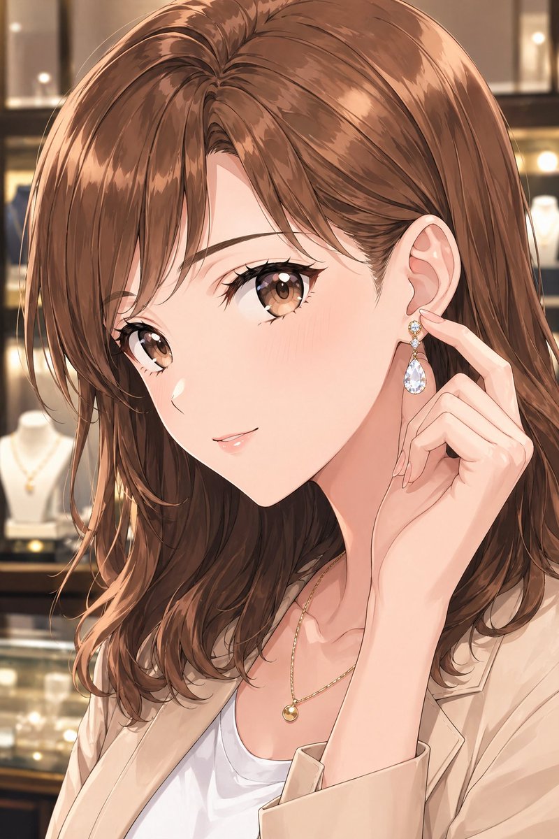 AI Prompt for Elegant Anime-Style Female Portrait in a Jewelry Store
